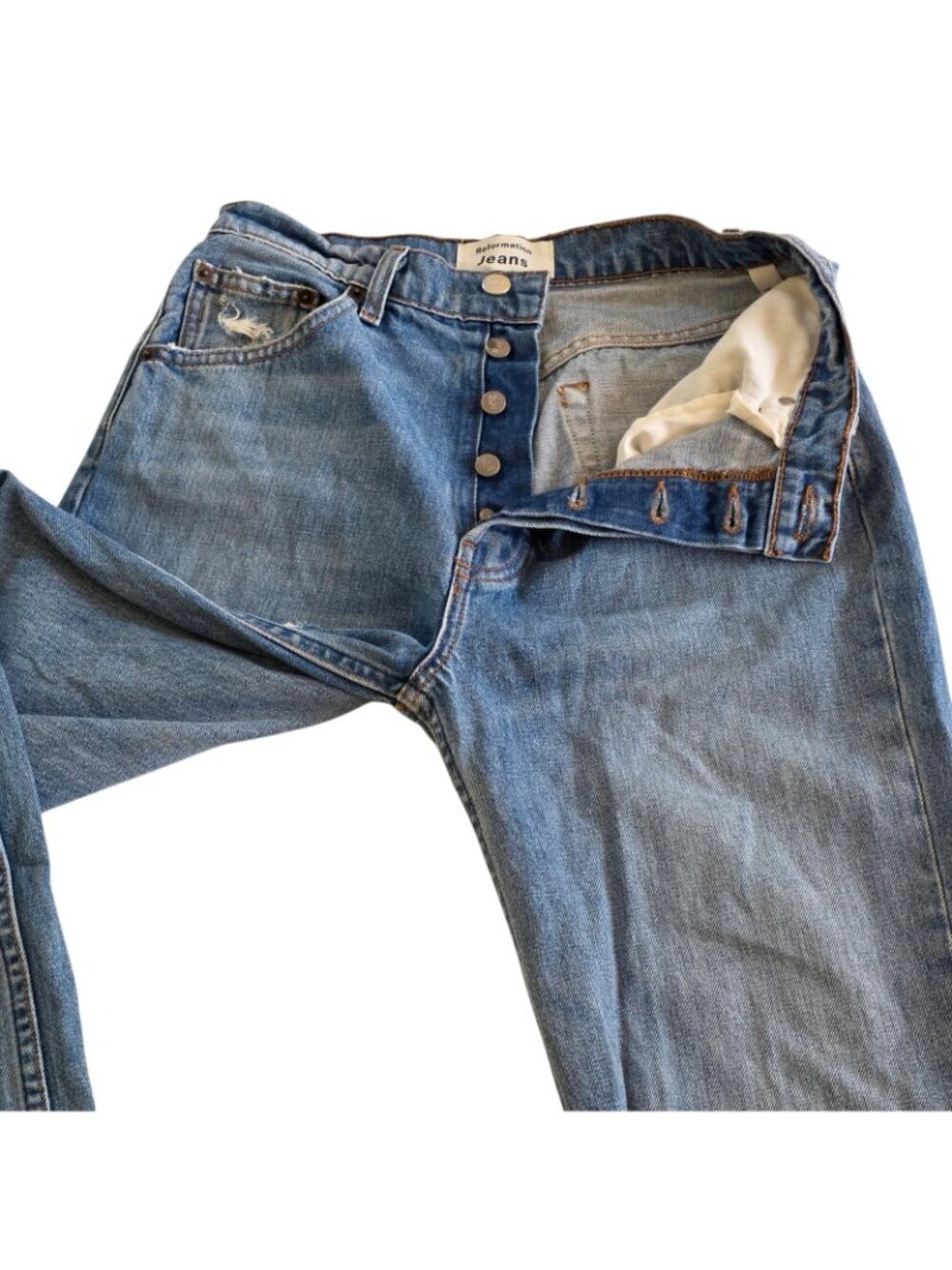 Reformation Cynthia High Relaxed Distressed Jeans 27 Blue Oahu Wash Cotton Edgy - Picture 12 of 16